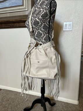 Carlos Falchi Ivory Leather Fringe Shoulder Bag